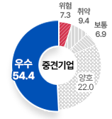 중견기업 : 우수 54.4%, 양호 22.0%, 보통 6.9%, 취약 9.4%, 위험 7.3%